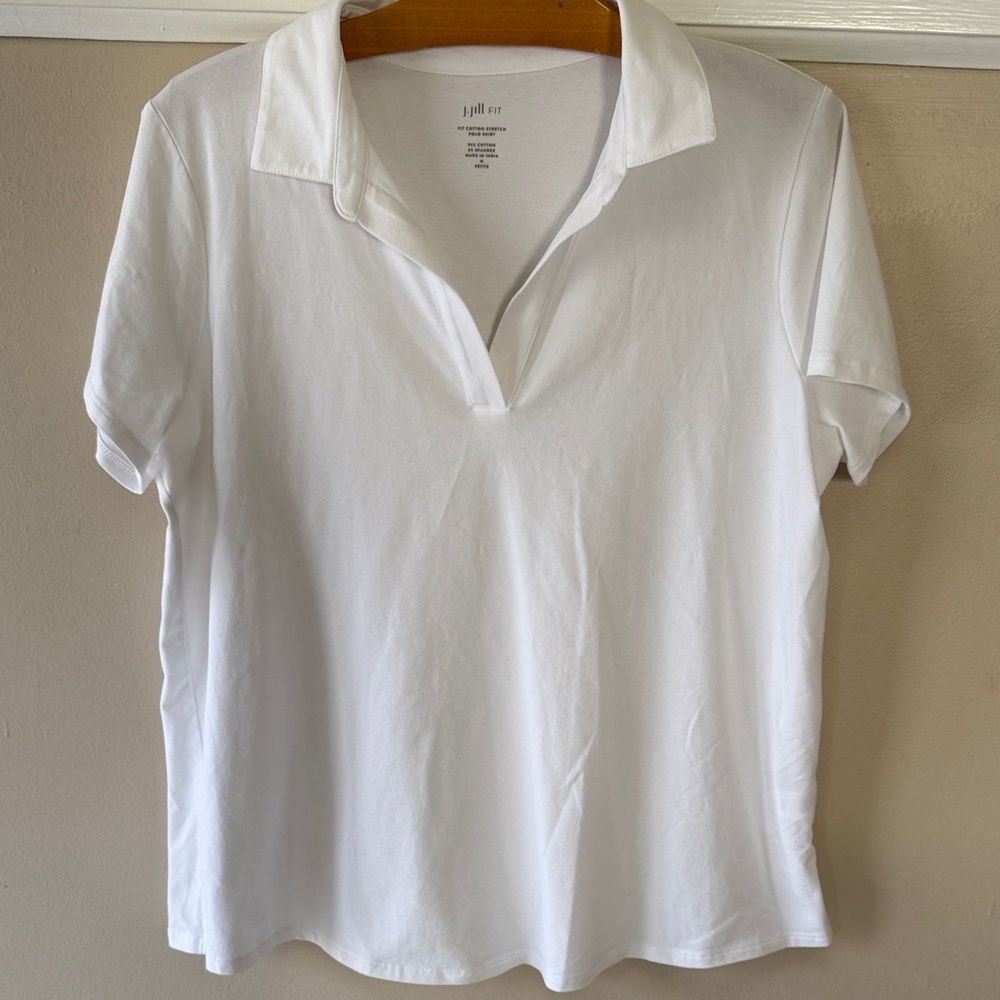 J. Jill FIT Women’s White Short-Sleeve V-Neck Cotton-Stretch Polo